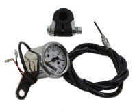 Mini 48mm speedometer has a ratio of 2240:60 and includes cable and mount clamp. Numbers read 0-140 mph. Speedometer has turn signal lights.